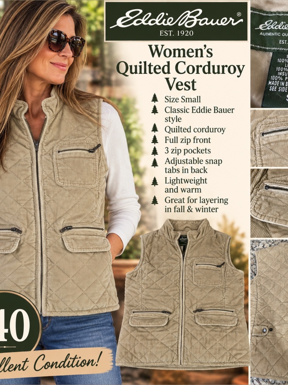 Eddie Bauer Quilted Corduroy Vest in Light Khaki